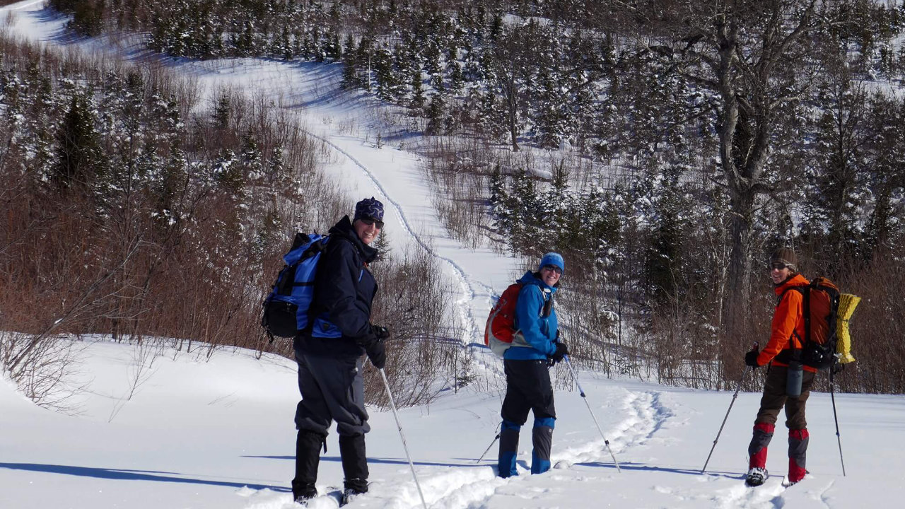 vue de skieurs sur un sentier en hiver dans la ZEC Bas-St-Laurent